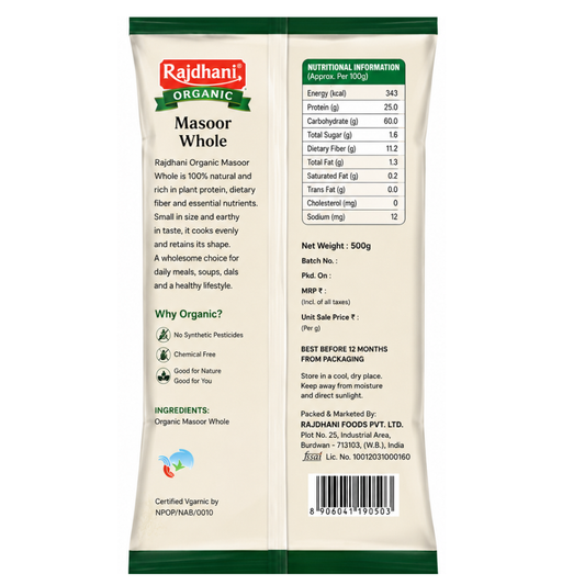 Organic Rajdhani Masoor Whole 500g
