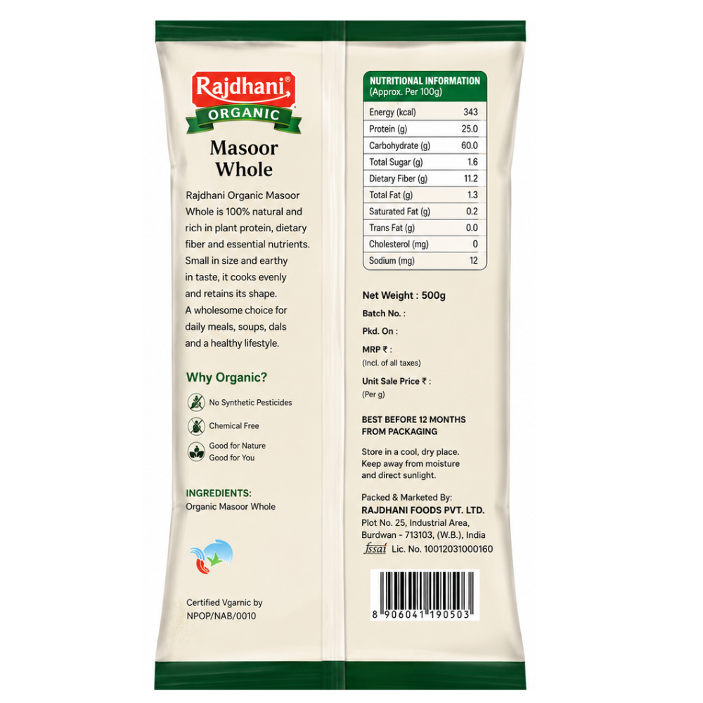 Organic Rajdhani Masoor Whole 500g